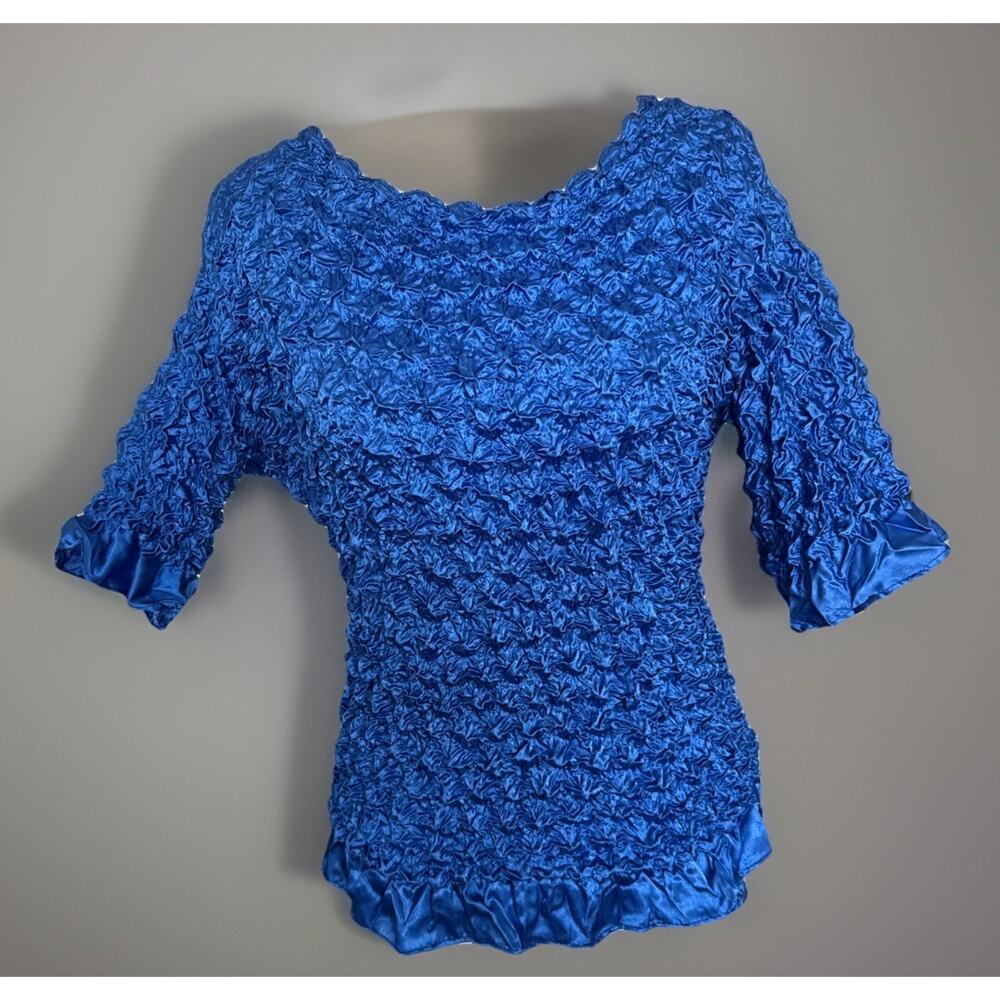 Vtg F C Royal Crinkle Pleated Stretch Top 3/4 Sleeve One Size Fits Boho Chic